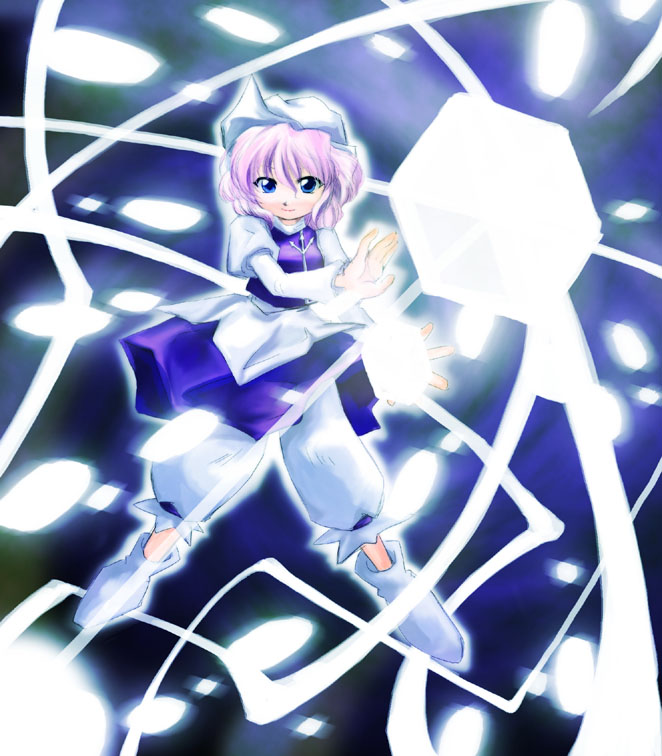letty whiterock, touhou, 1girl, blue eyes, danmaku, dress, female focus, full body, hat, long sleeves, looking at viewer, magic, mob cap, pink hair, puffy pants, short hair, smile, solo, white dress, zipper
