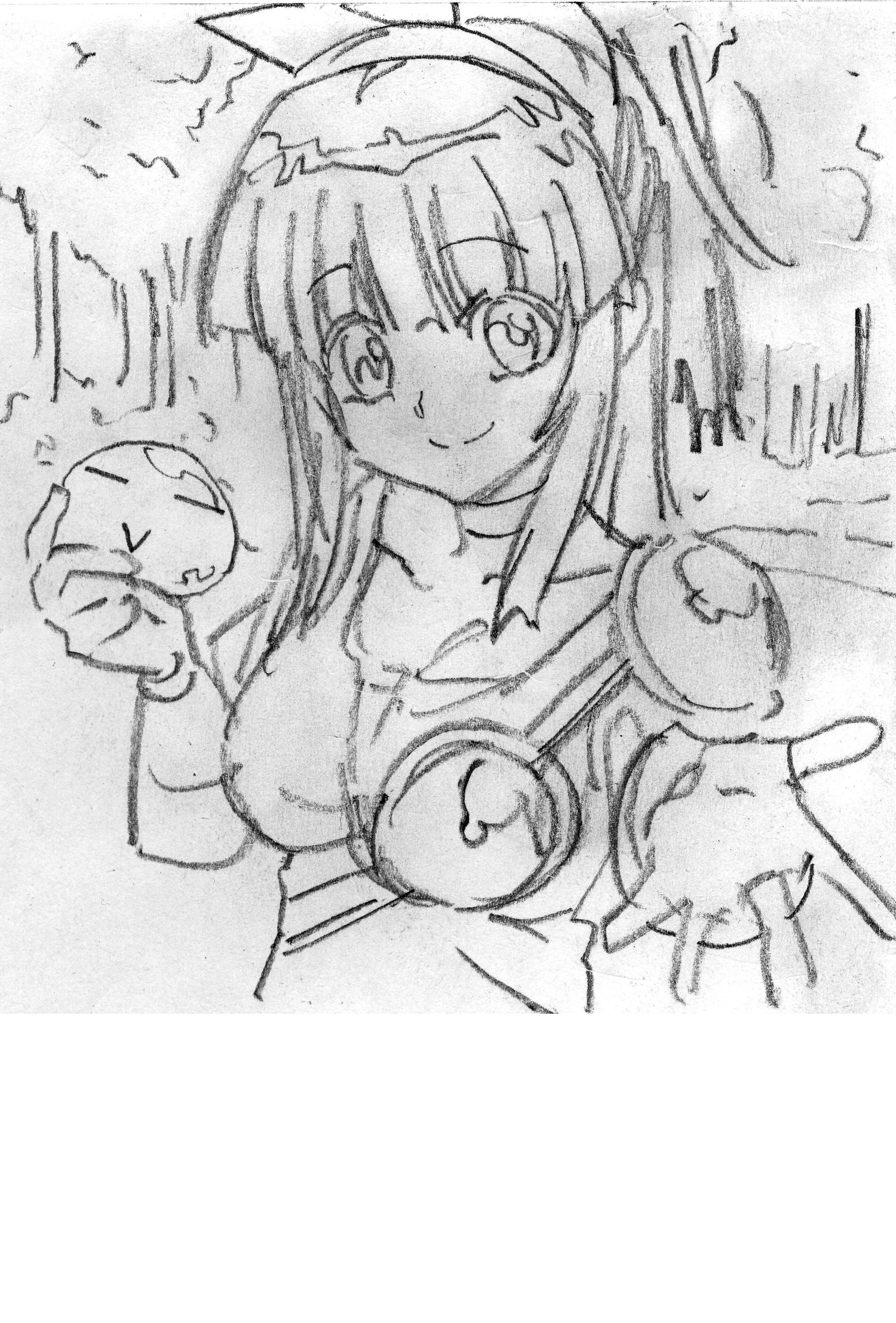 arle nadja, nakoruru, puyo (puyopuyo), madou monogatari, puyopuyo, samurai spirits, snk, the king of fighters, highres, traditional media, 1girl, alternate costume, cosplay, fingerless gloves, gloves, hair ribbon, long hair, looking at viewer, monochrome, outstretched arm, ponytail, ribbon, sketch, smile, solo