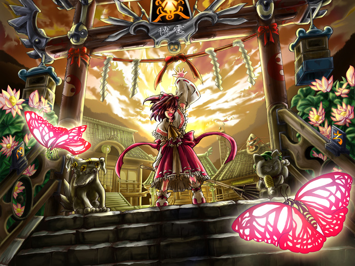 amamizu (myofuu kai), chen, chen (cat), hakurei reimu, yakumo ran, yakumo ran (fox), touhou, 1girl, animal hat, broom, bug, butterfly, female focus, flower, fox, gate, hat, insect, lantern, maneki-neko, mob cap, shide, shrine, solo, stairs, statue, stone lantern, sunset, torii, twilight, waving