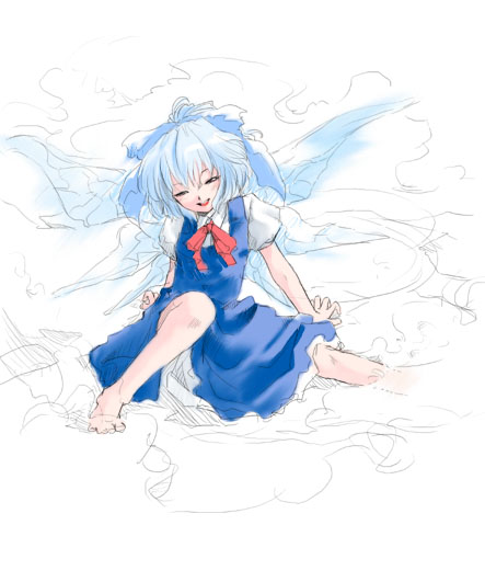 cirno, embodiment of scarlet devil, touhou, 1girl, barefoot, blue dress, blue hair, bow, closed eyes, dress, female focus, full body, hair ribbon, ice, ribbon, short hair, simple background, sitting, smile, solo, white background, wings