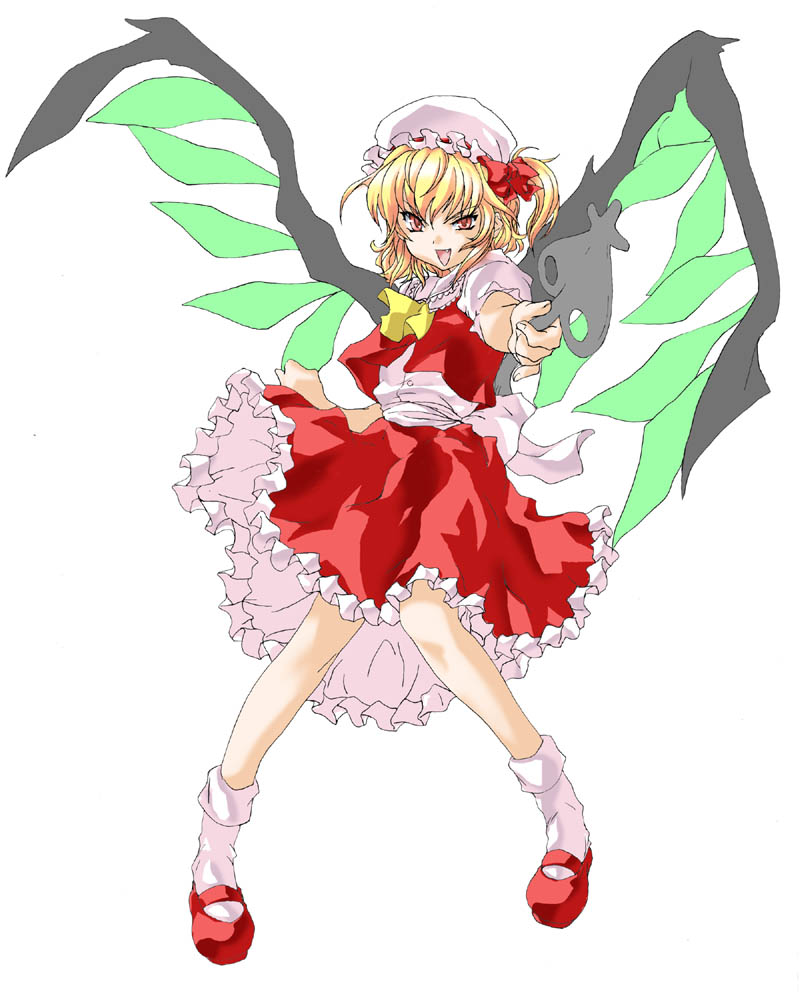 matsukura nemu, flandre scarlet, touhou, 1girl, ascot, blonde hair, female focus, frills, full body, hat, mary janes, mob cap, one side up, red skirt, shoes, short hair, simple background, skirt, socks, solo, white background, wings