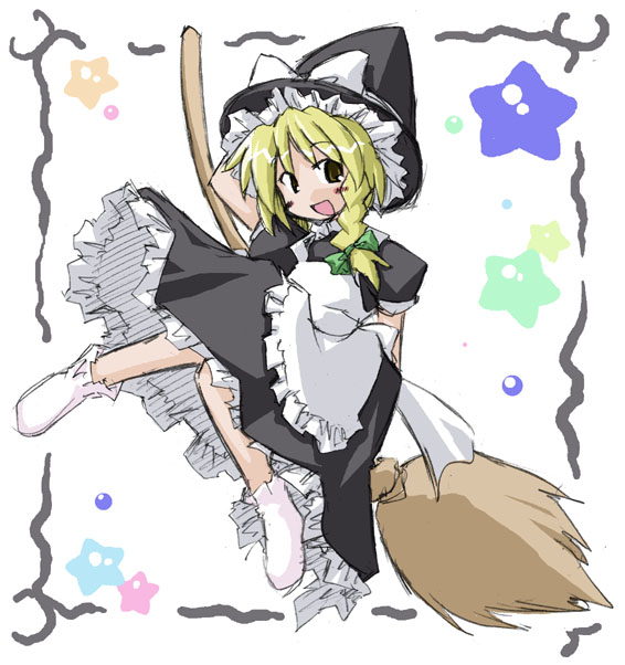 kugelschreiber, kirisame marisa, touhou, eyebrows, 1girl, apron, arm behind head, black dress, blonde hair, blush, bow, braid, broom, broom riding, dress, female focus, frilled apron, frilled skirt, frills, green bow, hair bow, hat, hat bow, knees together feet apart, open mouth, puffy short sleeves, puffy sleeves, short hair, short sleeves, side braid, single braid, skirt, smile, socks, solo, star (symbol), white bow, witch hat