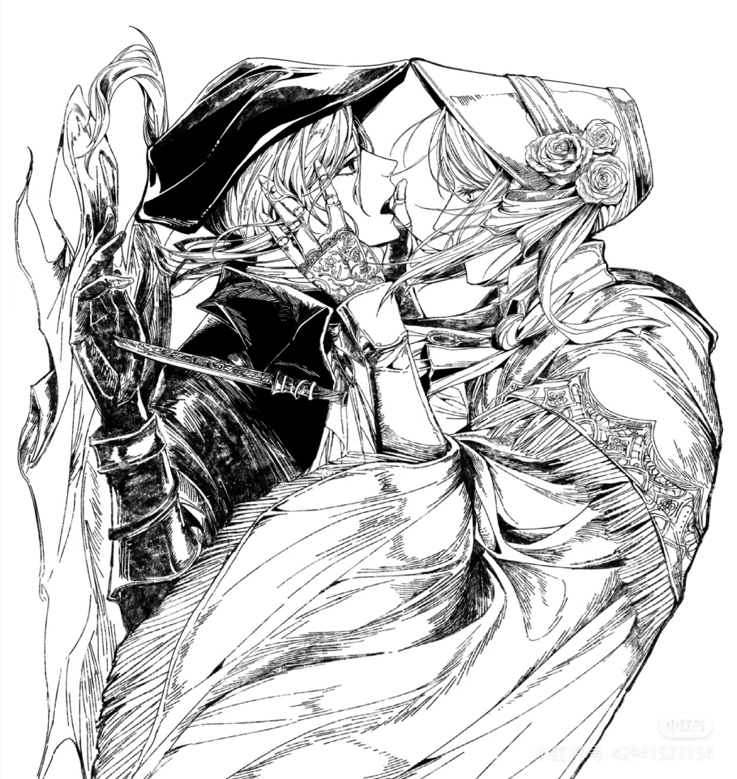 lady maria of the astral clocktower, plain doll, bloodborne, highres, 2girls, card0lotus, girl on top, greyscale, hands on another's face, hat, lying, monochrome, multiple girls, on back