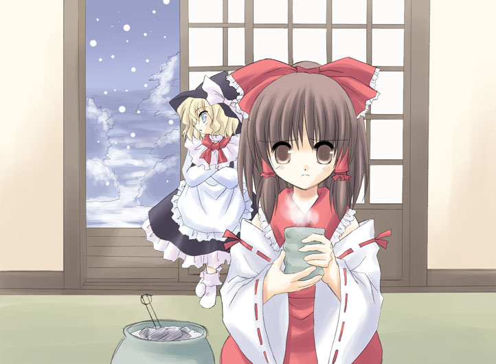 hakurei reimu, kirisame marisa, perfect cherry blossom, touhou, 2girls, blonde hair, blue eyes, brown eyes, brown hair, cup, detached sleeves, female focus, hair tubes, hat, multiple girls, ribbon, snow, snowing, standing, steam, tatami, witch hat, wooden floor