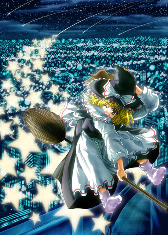 amamizu (myofuu kai), kirisame marisa, perfect cherry blossom, touhou, 1girl, blonde hair, broom, broom riding, city lights, cityscape, female focus, hand on headwear, hat, night, night sky, no shoes, one eye closed, open mouth, shooting star, sky, smile, socks, solo, star (symbol), white socks, wink, witch hat, yellow eyes