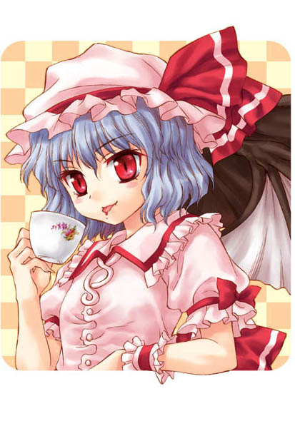 sato-pon, remilia scarlet, touhou, 1girl, bat wings, blue hair, cup, female focus, hat, hat ribbon, pink hat, red eyes, ribbon, short hair, solo, teacup, tongue, wings