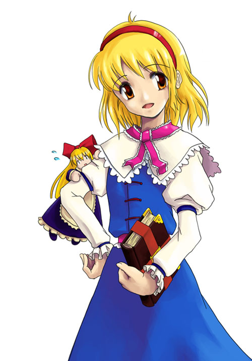 alice margatroid, shanghai doll, touhou, 1girl, apron, blonde hair, blue dress, book, brown eyes, dress, female focus, hairband, hand on own hip, hiding, long hair, orange eyes, puffy sleeves, short hair, simple background, smile, solo, white background