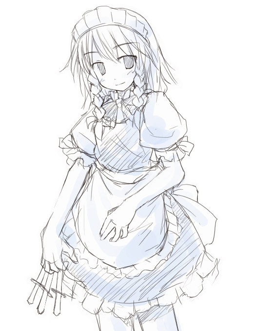 izayoi sakuya, touhou, 1girl, between fingers, braid, female focus, greyscale, holding, knife, maid, monochrome, sketch, smile, solo, twin braids