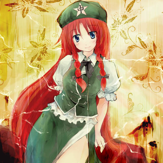 hong meiling, embodiment of scarlet devil, touhou, 1girl, arm behind back, blue eyes, blush, bow, braid, chinese clothes, collared shirt, dress, female focus, hair bow, hat, long hair, photo (object), red hair, shirt, smile, solo, star (symbol), twin braids, very long hair, vest