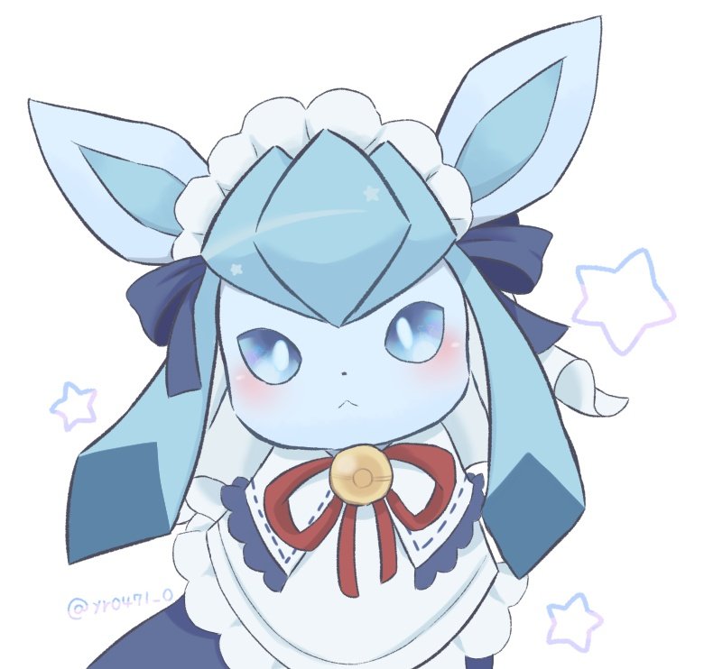 yuuri (yr0471 0), glaceon, glaceon (tea party), nintendo, pokemon, pokemon unite, commentary request, :<, blush, closed mouth, clothed pokemon, frills, gen 4 pokemon, looking at viewer, maid headdress, no humans, pokemon (creature), solo, star (symbol), twitter username, white background