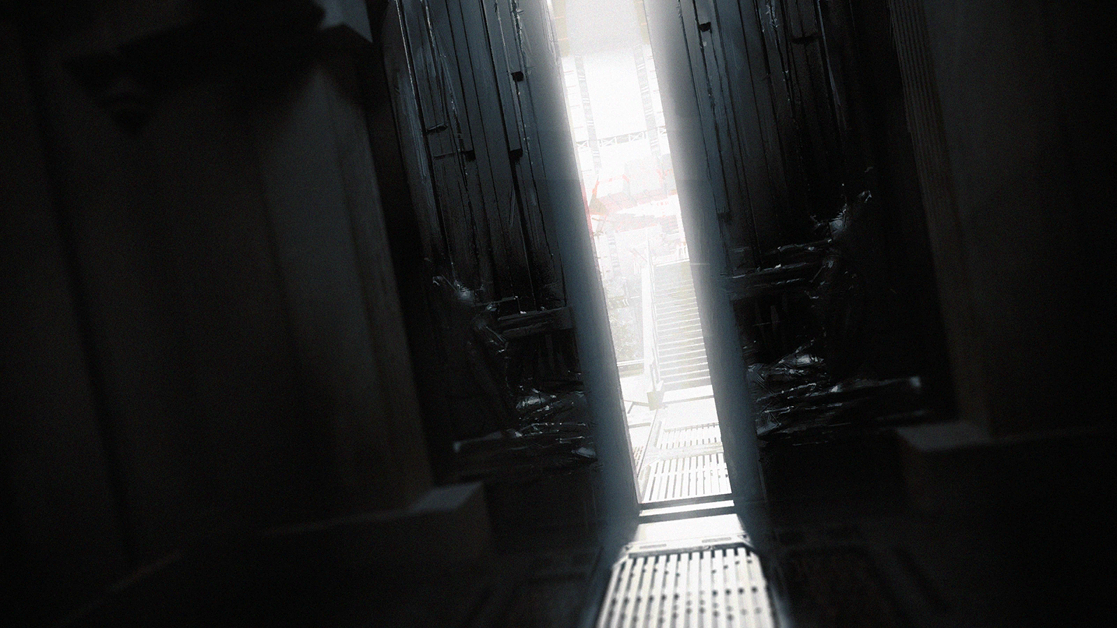 arknights, game cg, highres, official art, third-party source, crack of light, dark, gate, indoors, no humans, open gate, pcs system (arknights), stairs, underground