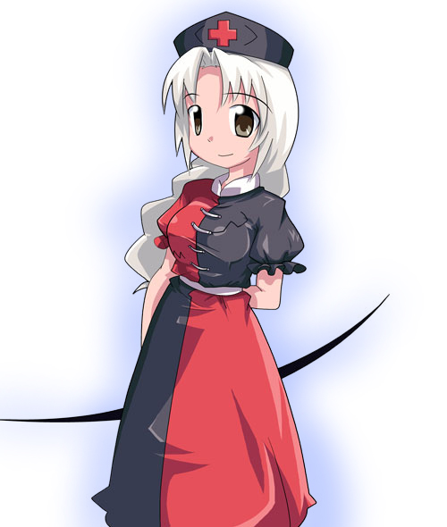 yagokoro eirin, touhou, 1girl, arm behind back, bow (weapon), braid, dress, female focus, grey eyes, hat, long hair, nurse cap, smile, solo, two-tone dress, weapon, white background, white hair