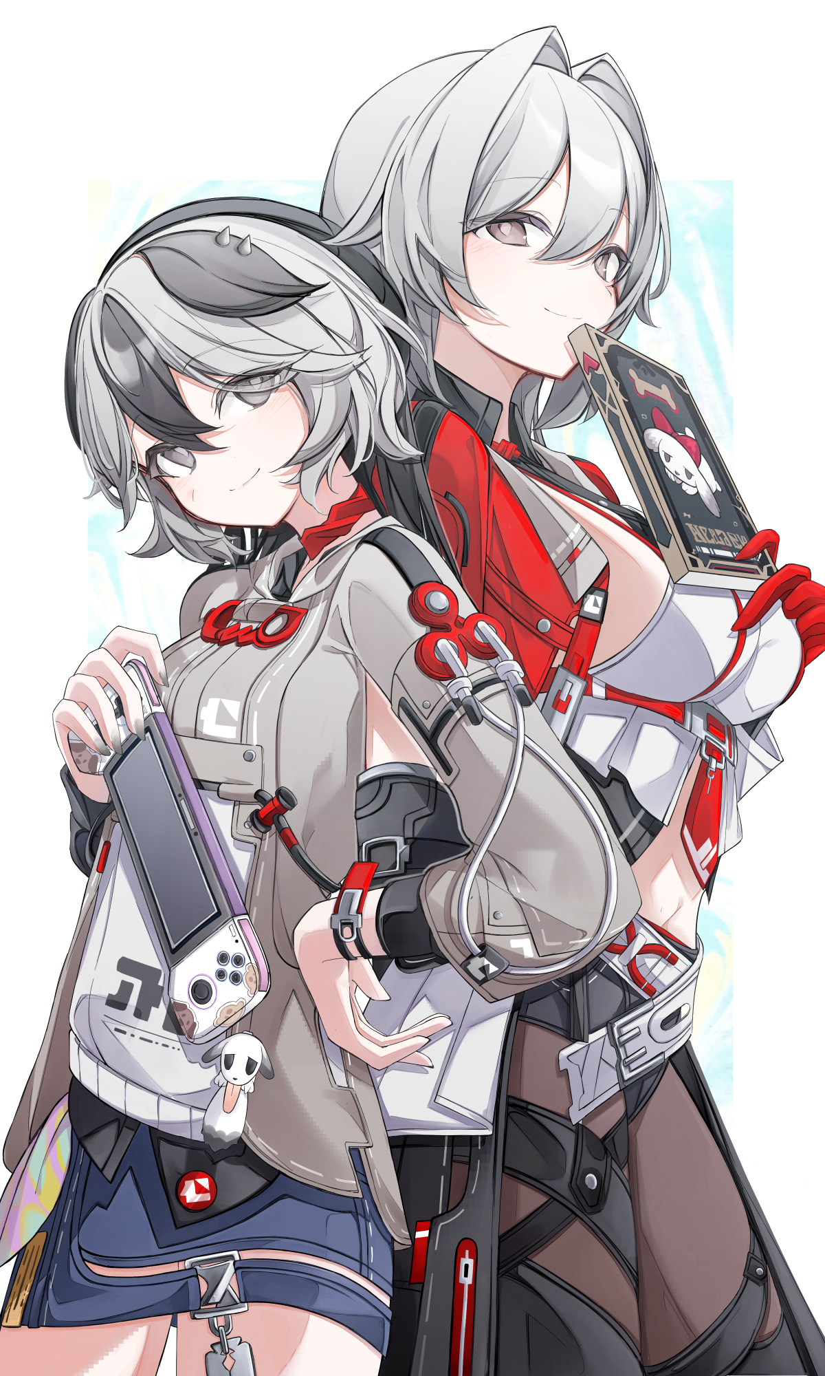qf ivi, coralie 6626 planck, coralie 6626 planck (valkyrie blastmetal), erdos helia, erdos helia (valkyrie boltstorm), honkai (series), honkai impact 3rd, commentary, english commentary, highres, second-party source, 2girls, back-to-back, beret, black hair, black hat, black pants, blue skirt, breasts, brown pantyhose, closed mouth, gloves, grey eyes, grey hair, grey jacket, hair intakes, hand up, handheld game console, hat, holding, jacket, medium breasts, multicolored hair, multiple girls, pants, pantyhose, red gloves, shirt, skirt, smile, two-tone hair, white background, white shirt