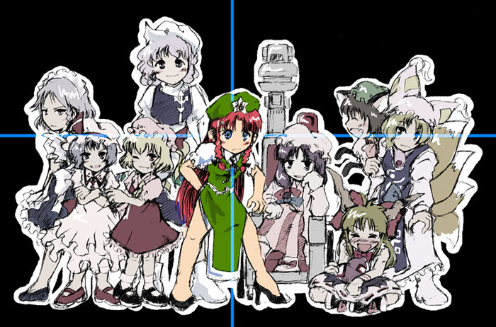 satomura kyou, chen, flandre scarlet, hong meiling, ibuki suika, izayoi sakuya, letty whiterock, patchouli knowledge, remilia scarlet, yakumo ran, touhou, arm grab, silver hair, 6+girls, animal ears, animal hat, bags under eyes, blonde hair, blush, bow, braid, brown hair, cat ears, cat tail, chair, closed eyes, dress, drunk, footwear bow, fox tail, hair bow, hat, head rest, horns, indian style, legs, long hair, long sleeves, looking at viewer, maid, maid headdress, mary janes, mob cap, multiple girls, multiple tails, one eye closed, purple hair, red hair, shoes, short hair, short sleeves, siblings, side ponytail, simple background, sisters, sitting, skirt, smile, star (symbol), tabard, tail, twin braids, wheelchair