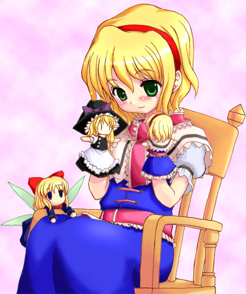 tilm, alice margatroid, kirisame marisa, shanghai doll, touhou, 1girl, blonde hair, blue dress, chair, character doll, closed mouth, doll, dress, female focus, green eyes, hairband, hand puppet, pink background, puppet, short hair, sitting, solo