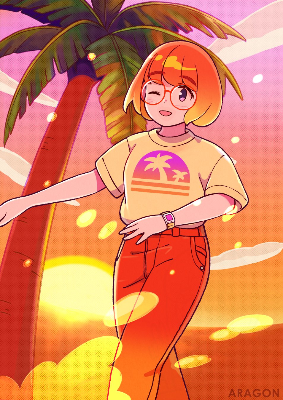 aragon honnin, original, highres, 1girl, blonde hair, bob cut, brown shirt, cloud, gradient hair, looking at viewer, multicolored hair, one eye closed, outdoors, palm tree, pants, purple eyes, red hair, red pants, shirt, short hair, short sleeves, solo, sun, sunset, t-shirt, tree, watch, wristwatch