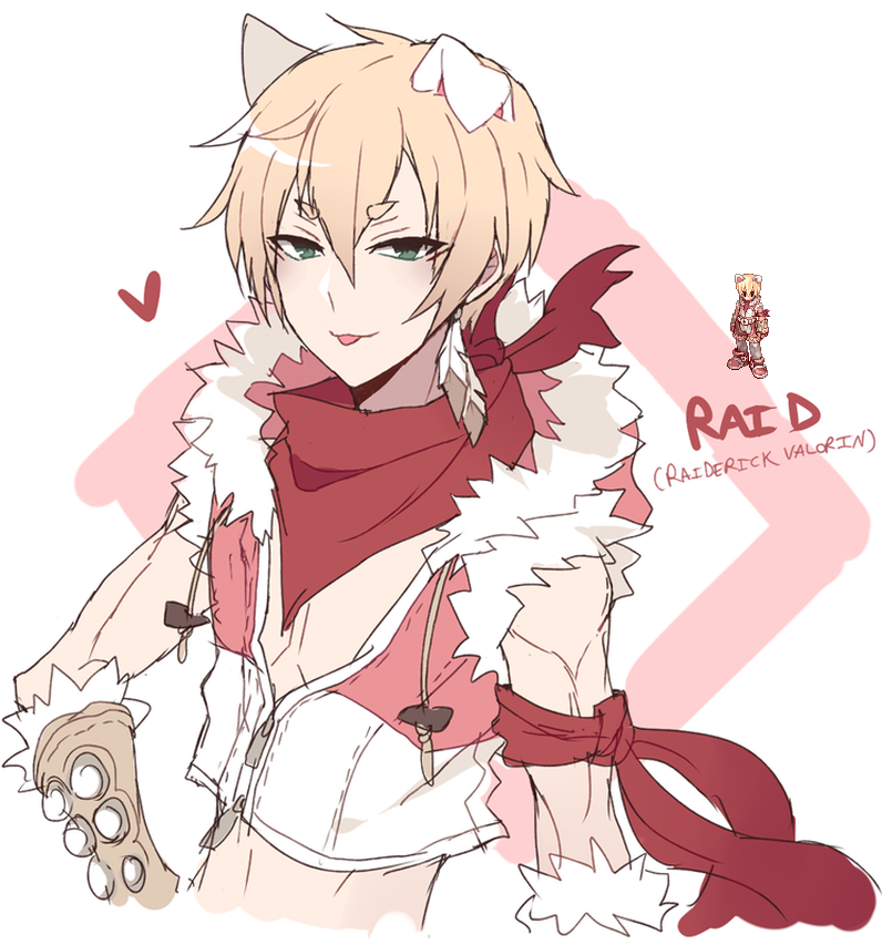 sniper (ragnarok online), ragnarok online, 1boy, alternate color, animal ears, armband, astrarunia, bandana, blonde hair, brown gloves, character name, closed mouth, crop top, dog boy, dog ears, fur-trimmed gloves, fur-trimmed shirt, fur trim, gloves, green eyes, hair between eyes, looking at viewer, male focus, pink shirt, red bandana, reference inset, shirt, short hair, simple background, sleeveless, sleeveless shirt, smile, solo, toned, toned male, tongue, tongue out, two-tone shirt, upper body, white background, white shirt, zipper