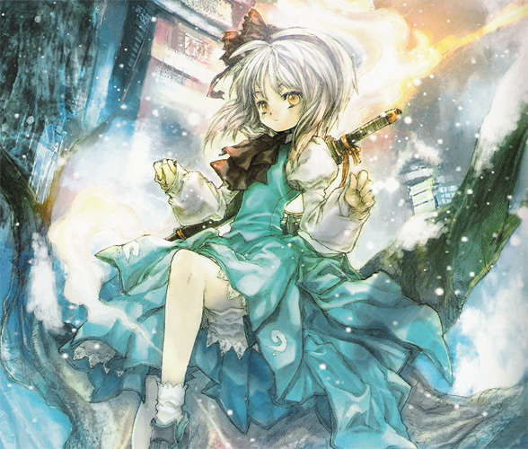 asai genji, konpaku youmu, konpaku youmu (ghost), curiosities of lotus asia, touhou, silver hair, official art, 1girl, ascot, black ascot, black shoes, blouse, female focus, full body, green shirt, grey background, hair ribbon, hitodama, ribbon, shirt, shoes, sleeveless, sleeveless shirt, snow, snowing, socks, solo, sword, weapon