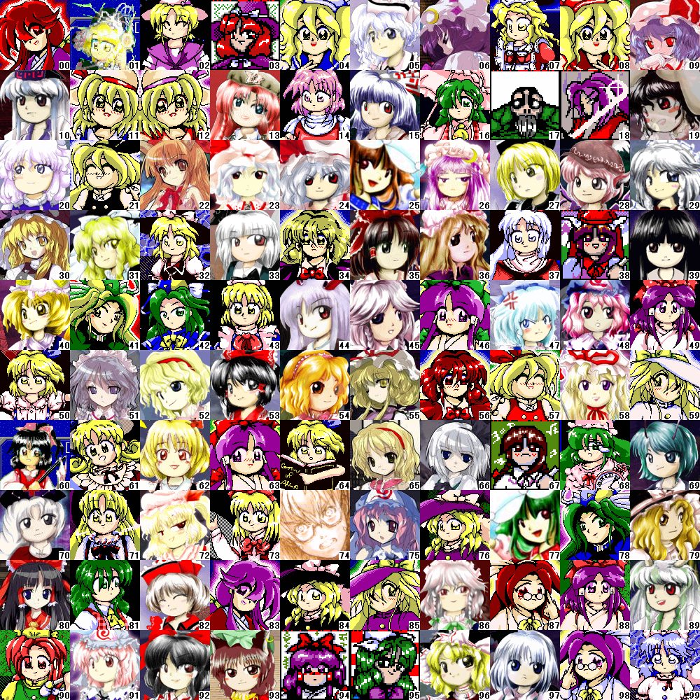 alphes, asai genji, zun (artist), alice margatroid, alice margatroid (pc-98), asakura rikako, chen, cirno, ellen (touhou), elly (touhou), ex-keine, flandre scarlet, fujiwara no mokou, gengetsu (touhou), genjii (touhou), hakurei reimu, hakurei reimu (pc-98), hong meiling, houraisan kaguya, ibuki suika, inaba tewi, izayoi sakuya, kamishirasawa keine, kana anaberal, kazami yuuka, kazami yuuka (pc-98), kirisame marisa, kirisame marisa (pc-98), kitashirakawa chiyuri, konpaku youmu, kotohime (touhou), kurumi, kurumi (touhou), letty whiterock, louise (touhou), lunasa prismriver, lyrica prismriver, mai (touhou), meira (touhou), merlin prismriver, mima (touhou), morichika rinnosuke, mugetsu (touhou), mystia lorelei, okazaki yumemi, orange (touhou), patchouli knowledge, reisen udongein inaba, remilia scarlet, rika (touhou), rumia, saigyouji yuyuko, sara (touhou), shinki (touhou), wriggle nightbug, yagokoro eirin, yakumo ran, yakumo yukari, yuki (touhou), yumeko (touhou), curiosities of lotus asia, embodiment of scarlet devil, immaterial and missing power, imperishable night, lotus land story, mystic square, perfect cherry blossom, phantasmagoria of dim.dream, phantasmagoria of flower view, seihou, story of eastern wonderland, touhou, touhou (pc-98), 6+girls, alternate color, alternate costume, black hair, blonde hair, bow, brown hair, collage, everyone, food, fruit, glasses, green hair, hat, multiple girls, pink hair, pixel art, purple hair, red hair, siblings, sisters, wings, witch hat