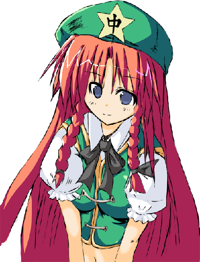 hong meiling, embodiment of scarlet devil, touhou, 1girl, blue eyes, bow, braid, chinese clothes, dress, female focus, hair bow, hat, long hair, midriff, red hair, smile, solo, star (symbol), twin braids, vest