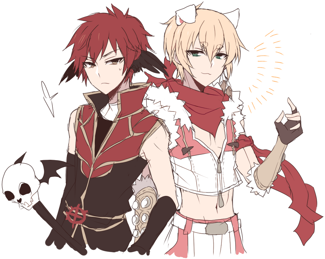 priest (ragnarok online), sniper (ragnarok online), ragnarok online, 2boys, :3, adapted costume, alternate color, animal ears, armband, astrarunia, bandana, black shirt, black wings, blonde hair, brown eyes, brown gloves, closed mouth, crop top, dog boy, dog ears, feathered wings, fingerless gloves, fur-trimmed gloves, fur-trimmed shirt, fur trim, gloves, green eyes, hair between eyes, head wings, holding, holding staff, looking at viewer, male focus, midriff, multiple boys, navel, pink shirt, red bandana, red hair, red shirt, shirt, short hair, simple background, skull, sleeveless, sleeveless shirt, smile, staff, toned, toned male, two-tone shirt, upper body, white background, white shirt, wings, zipper