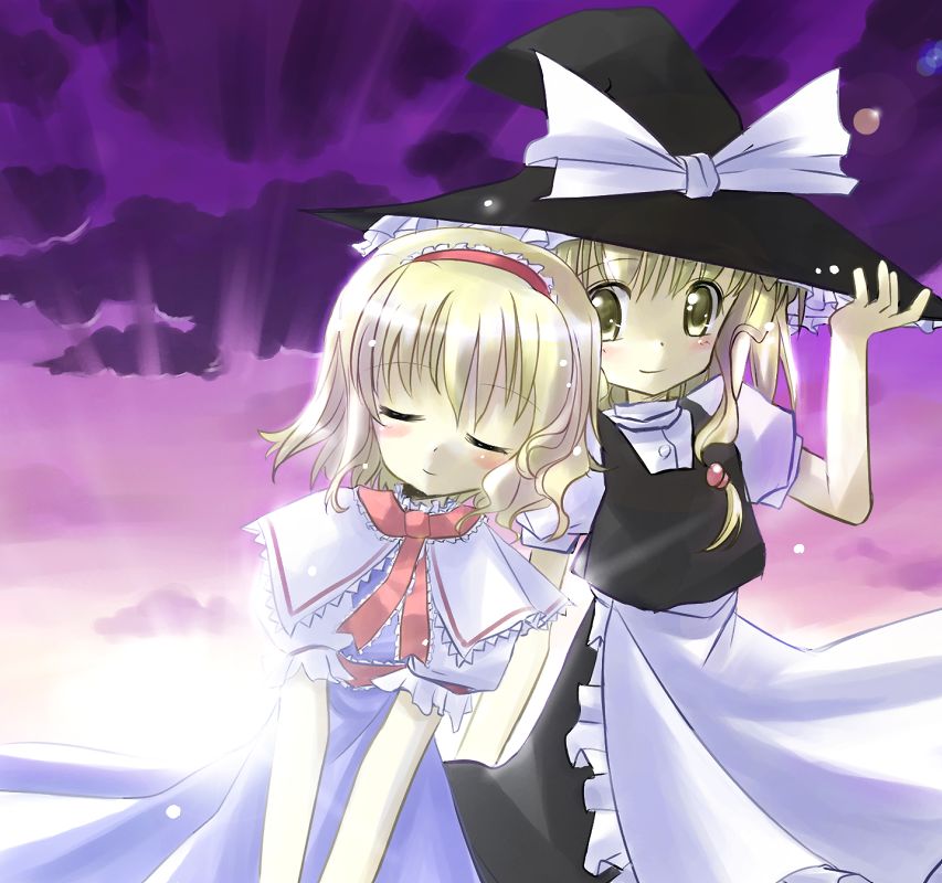 loo, alice margatroid, kirisame marisa, touhou, 2girls, apron, black dress, blonde hair, blue dress, blush, braid, brown eyes, capelet, closed eyes, cowboy shot, dress, female focus, frills, hat, looking at viewer, multiple girls, outdoors, short hair, single braid, sky, sleeping, smile, waist apron, witch hat, yellow eyes, yuri