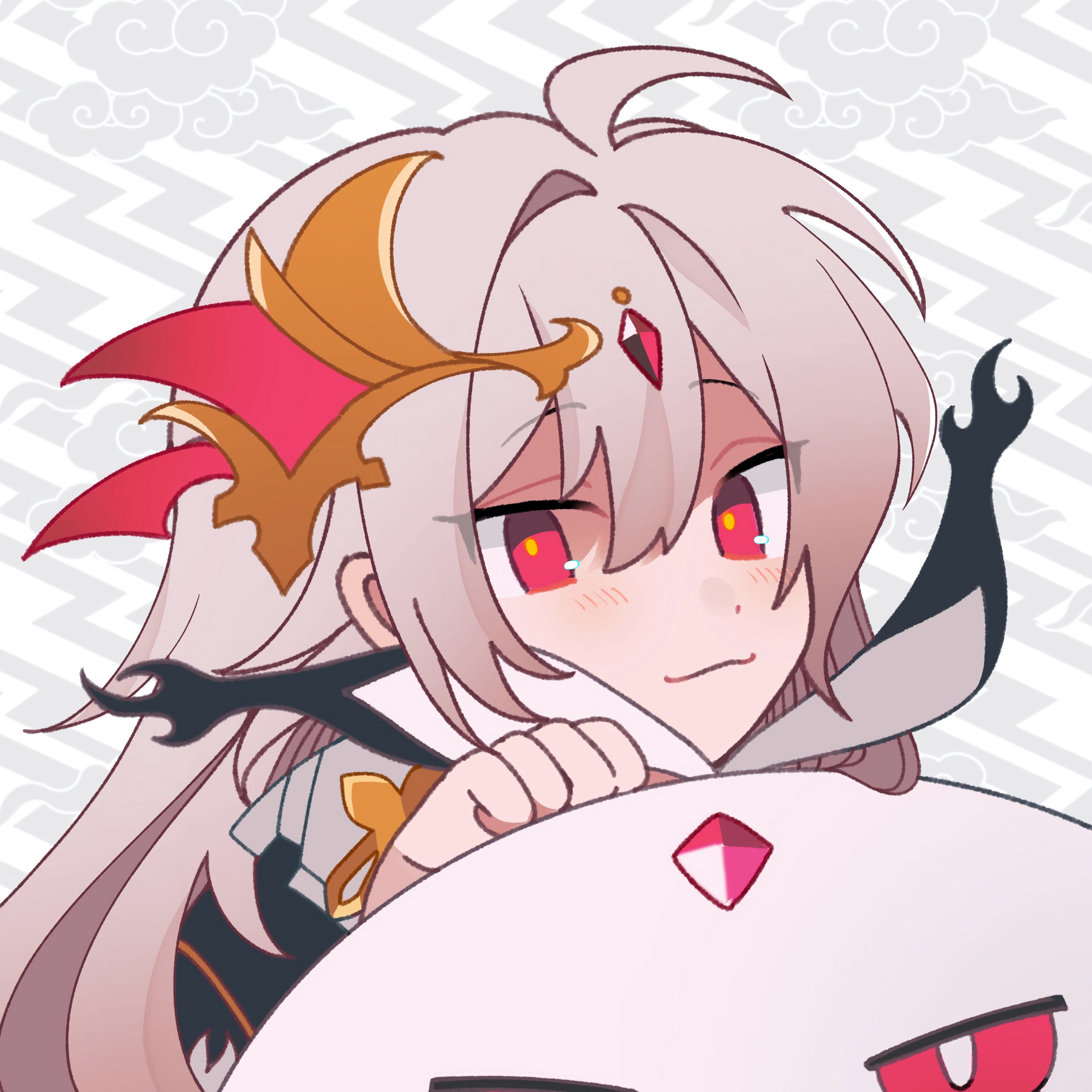 sui mei, herrscher of sentience, jingwei (bird), honkai (series), honkai impact 3rd, absurdres, commentary request, highres, 1girl, black jacket, closed mouth, grey hair, hair between eyes, hand up, jacket, long hair, looking at viewer, red eyes, single hair intake, smile, upper body