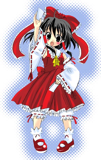 hakurei reimu, touhou, 1girl, arm up, black hair, bow, female focus, hair bow, hair tubes, mary janes, open mouth, shoes, short hair, socks, solo, white socks