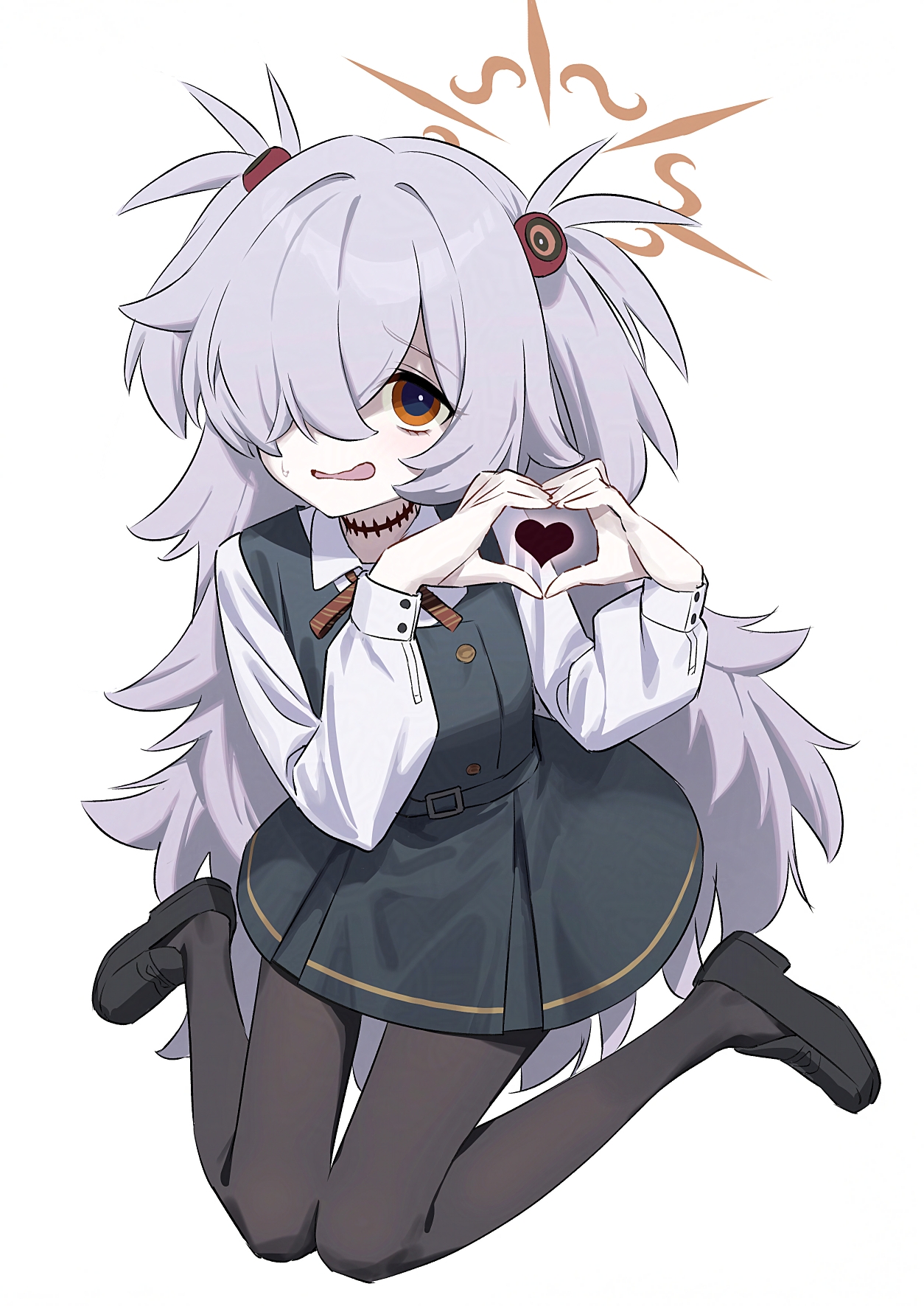 ochiaki, kanoe (blue archive), blue archive, commentary request, highres, 1girl, black dress, black pantyhose, brown ribbon, buttons, collared shirt, diagonal-striped ribbon, double-breasted, dress, flat chest, furrowed brow, grey hair, hair over one eye, halo, hands up, heart, heart hands, long bangs, long hair, long sleeves, looking at viewer, mary janes, messy hair, mojyo, nervous smile, orange eyes, orange halo, own hands together, pale skin, pantyhose, parted bangs, pinafore dress, puffy long sleeves, puffy sleeves, ribbon, scar, scar on neck, shirt, shoes, short twintails, sidelocks, simple background, sitting, sleeve cuffs, sleeveless, sleeveless dress, smile, solo, sphere hair ornament, twintails, very long hair, wariza, white background, white shirt