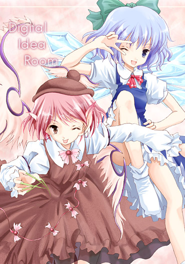 enjou yukito, cirno, mystia lorelei, touhou, white legwear, 2girls, bird wings, black hair, blue eyes, blue hair, bow, brown dress, brown hat, dress, earrings, female focus, fingernails, green bow, green nails, hat, ice, ice wings, jewelry, long fingernails, long sleeves, multiple girls, nail polish, no panties, one eye closed, pink eyes, pink hair, puffy short sleeves, puffy sleeves, short hair, short sleeves, socks, tongue, tongue out, v, white sleeves, wings