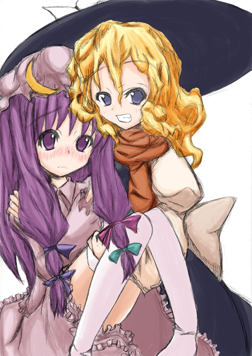 kirisame marisa, patchouli knowledge, touhou, 2girls, :d, blonde hair, blue eyes, blush, carrying, crescent, crescent hair ornament, dress, fang, female focus, frown, hair ornament, hat, long hair, long sleeves, mob cap, multiple girls, nose blush, open mouth, princess carry, purple dress, purple eyes, purple hair, scarf, simple background, smile, teeth, thighhighs, white background, witch hat