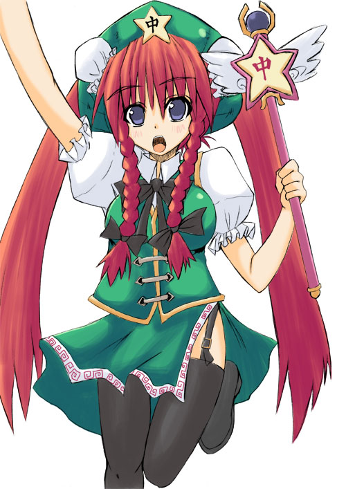 hong meiling, touhou, 1girl, blue eyes, blush, bow, braid, bun cover, chinese clothes, double bun, dress, female focus, garter belt, hair bow, hair bun, hat, long hair, magical girl, open mouth, red hair, solo, star (symbol), thighhighs, twin braids, vest, wand, wings
