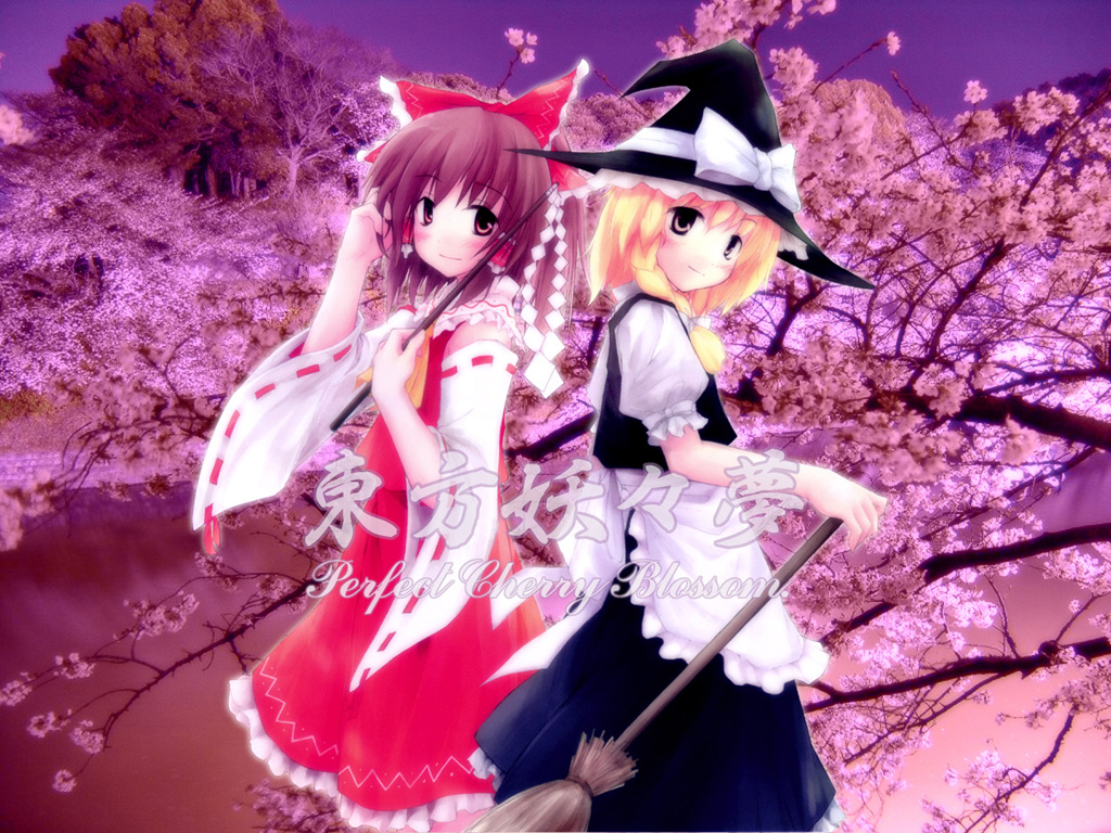 hakurei reimu, kirisame marisa, touhou, 2girls, apron, back-to-back, black dress, blonde hair, bow, broom, brown eyes, brown hair, cherry blossoms, copyright name, detached sleeves, dress, female focus, gohei, hair ribbon, hat, multiple girls, pink background, red dress, ribbon, short hair, smile, tree, tress ribbon, witch, witch hat, yellow eyes