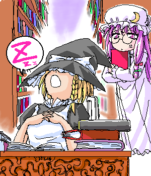 kirisame marisa, patchouli knowledge, touhou, lowres, 2girls, anger vein, blonde hair, blue bow, book, bow, braid, crescent, crescent hair ornament, female focus, glasses, hair ornament, hair ribbon, hat, holding, holding book, indoors, library, long sleeves, multiple girls, oekaki, open mouth, purple eyes, purple hair, red bow, ribbon, short sleeves, sleeping, witch hat, zzz
