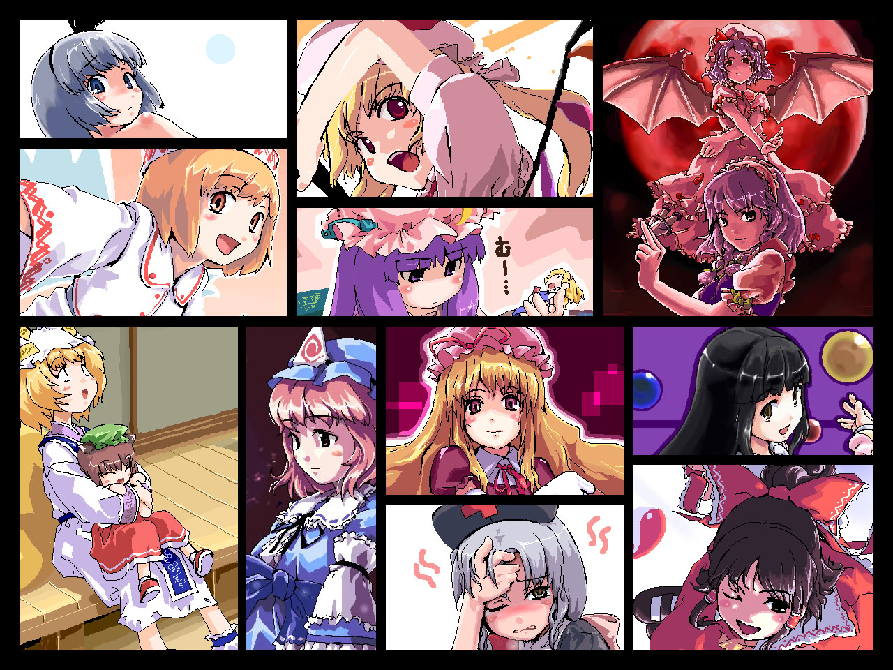 chen, flandre scarlet, hakurei reimu, houraisan kaguya, izayoi sakuya, konpaku youmu, lily white, patchouli knowledge, remilia scarlet, saigyouji yuyuko, yagokoro eirin, yakumo ran, yakumo yukari, touhou, 6+girls, ;d, animal hat, ascot, bat wings, black hair, blonde hair, everyone, female focus, full moon, grey hair, hat, long hair, long sleeves, mob cap, moon, multiple girls, nurse cap, one eye closed, open mouth, pink hair, red moon, short hair, siblings, sisters, smile, triangular headpiece, wings