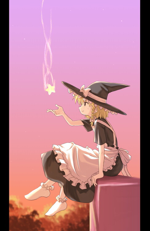 haniwa (leaf garden), kirisame marisa, touhou, 1girl, blonde hair, blush stickers, braid, dress, female focus, hair ribbon, hat, hat ribbon, ribbon, short hair, short sleeves, sitting, smile, socks, solo, star (symbol), sunset, witch hat