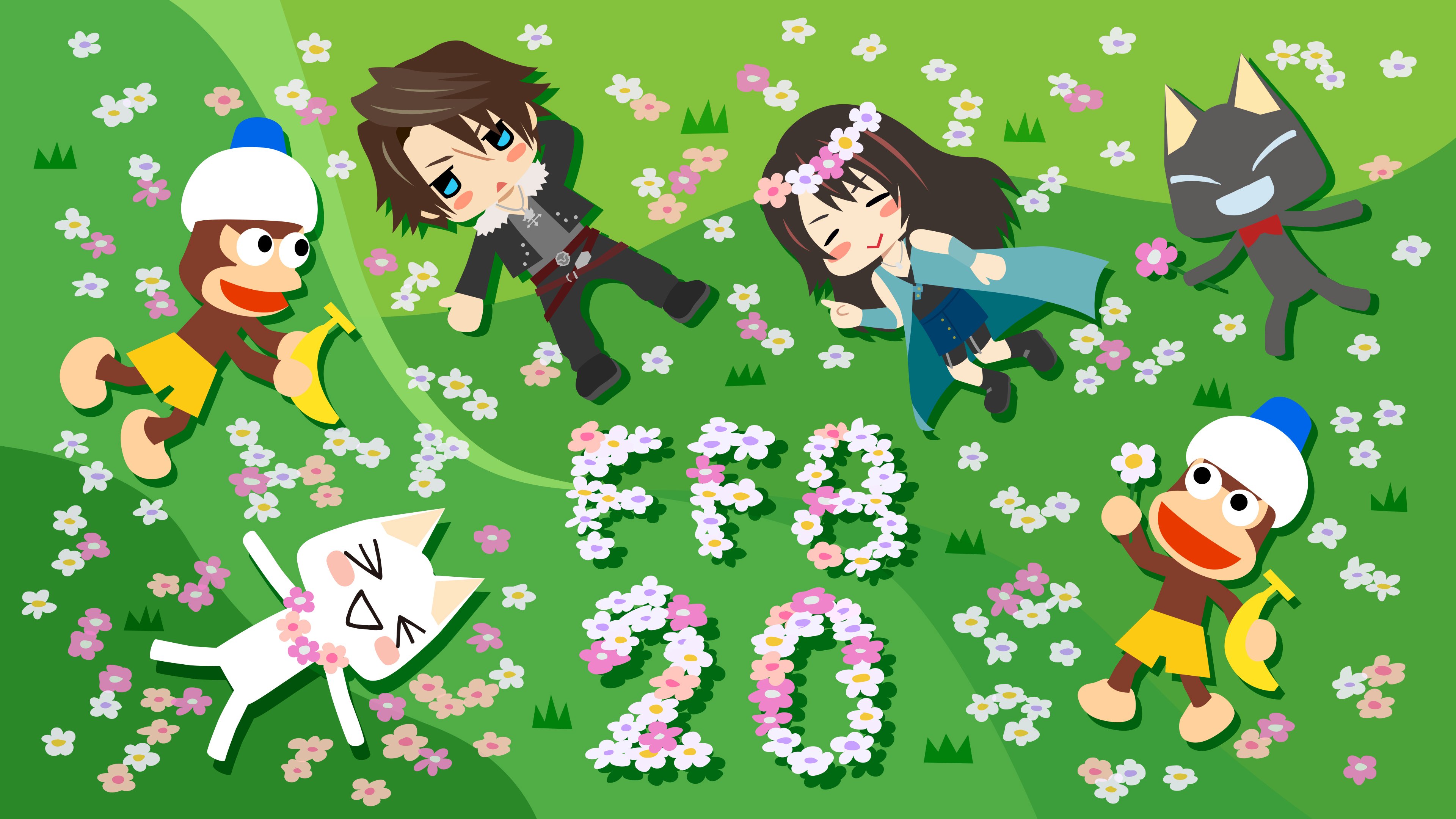 inoue toro, kuro (doko demo issho), pipo monkey, rinoa heartilly, squall leonhart, doko demo issho, final fantasy, final fantasy viii, saru getchu, absurdres, highres, official art, > <, :d, anniversary, arm behind head, banana, bare shoulders, belt, bike shorts, black cat, black hair, black jacket, black pants, black shirt, black shoes, black shorts, blue arm warmers, blue cardigan, blue eyes, blue shirt, blush stickers, bow, bowtie, brown hair, cardigan, cat, chibi, chibi only, closed eyes, field, flower, flower field, flower necklace, food, fruit, fur-trimmed jacket, fur trim, grey shirt, hair between eyes, hat, head wreath, holding, holding food, holding fruit, jacket, jewelry, long hair, monkey, multicolored hair, multiple belts, necklace, open mouth, outstretched arm, pants, pink flower, red bow, red bowtie, scar, scar on face, scar on forehead, shirt, shoes, shorts, smile, solid circle eyes, streaked hair, white cat, white flower, white hat, xd, yellow shorts