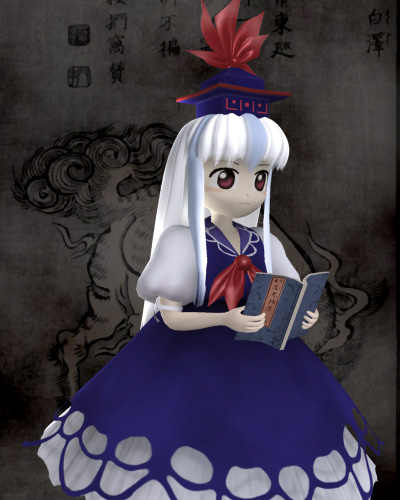 shiobi (studiosiobi), kamishirasawa keine, touhou, silver hair, lowres, 1girl, 3d, blush stickers, book, dress, female focus, hat, holding, holding book, long hair, open book, puffy sleeves, reading, red eyes, short sleeves, solo