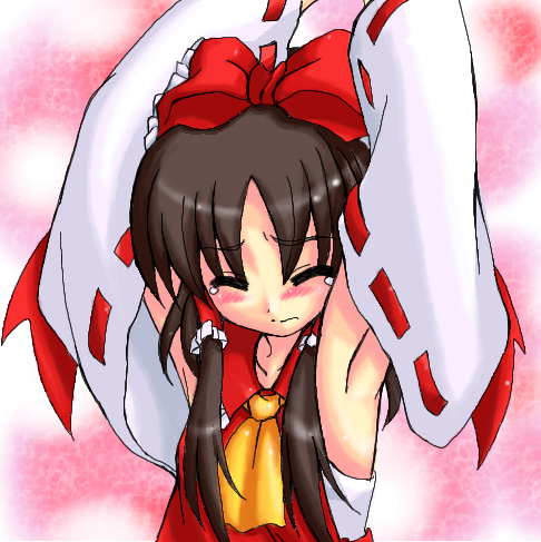 tilm, hakurei reimu, touhou, lowres, 1girl, armpits, arms up, bow, closed eyes, detached sleeves, female focus, hair bow, oekaki, solo, stretching