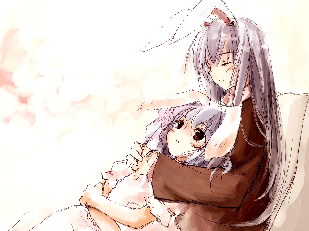 yukitarou (awamori), inaba tewi, reisen udongein inaba, touhou, 2girls, animal ears, female focus, gradient background, hug, multiple girls, rabbit ears
