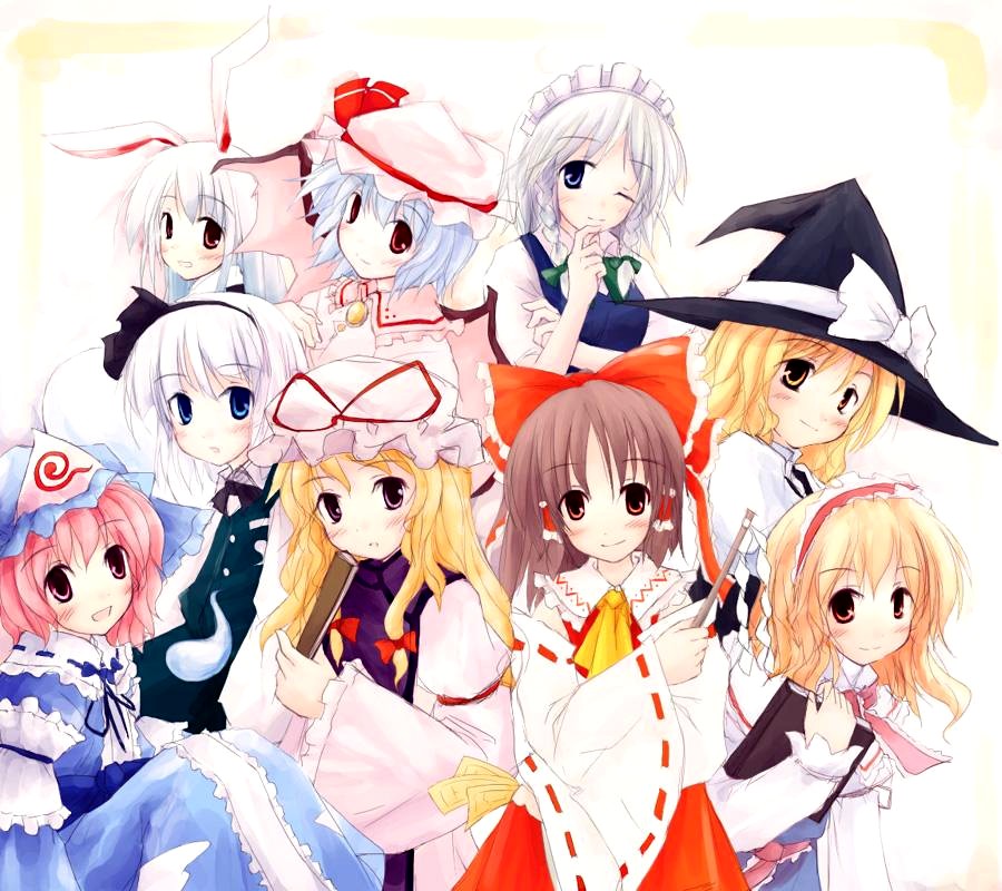 yukitarou (awamori), alice margatroid, hakurei reimu, izayoi sakuya, kirisame marisa, konpaku youmu, konpaku youmu (ghost), reisen udongein inaba, remilia scarlet, saigyouji yuyuko, yakumo yukari, touhou, jpeg artifacts, 6+girls, animal ears, blonde hair, braid, female focus, hat, hitodama, multiple girls, rabbit ears, witch hat