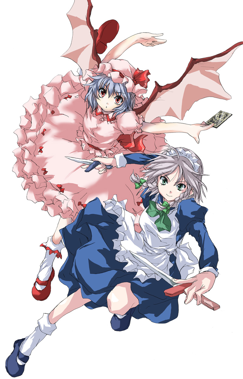 matsukura nemu, izayoi sakuya, remilia scarlet, imperishable night, touhou, highres, 2girls, bat wings, female focus, full body, knife, maid, multiple girls, simple background, white background, wings