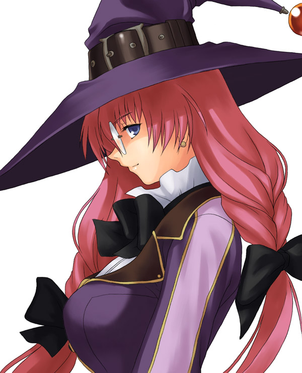 fumiko odette vanstein, alfa system, shikigami no shiro, 1girl, belt, blue eyes, bow, braid, breasts, earrings, female focus, glasses, hair bow, hat, jewelry, large breasts, long hair, pink hair, profile, red hair, smile, solo, twin braids, upper body, very long hair, witch, witch hat