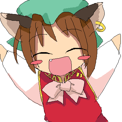 chen, waha, yamato suzuran, suigetsu, touhou, lowres, 1girl, ^ ^, animal ears, blush stickers, brown eyes, cat ears, cat girl, chibi, chibi only, closed eyes, earrings, fang, female focus, happy, hat, jewelry, oekaki, open mouth, simple background, solo