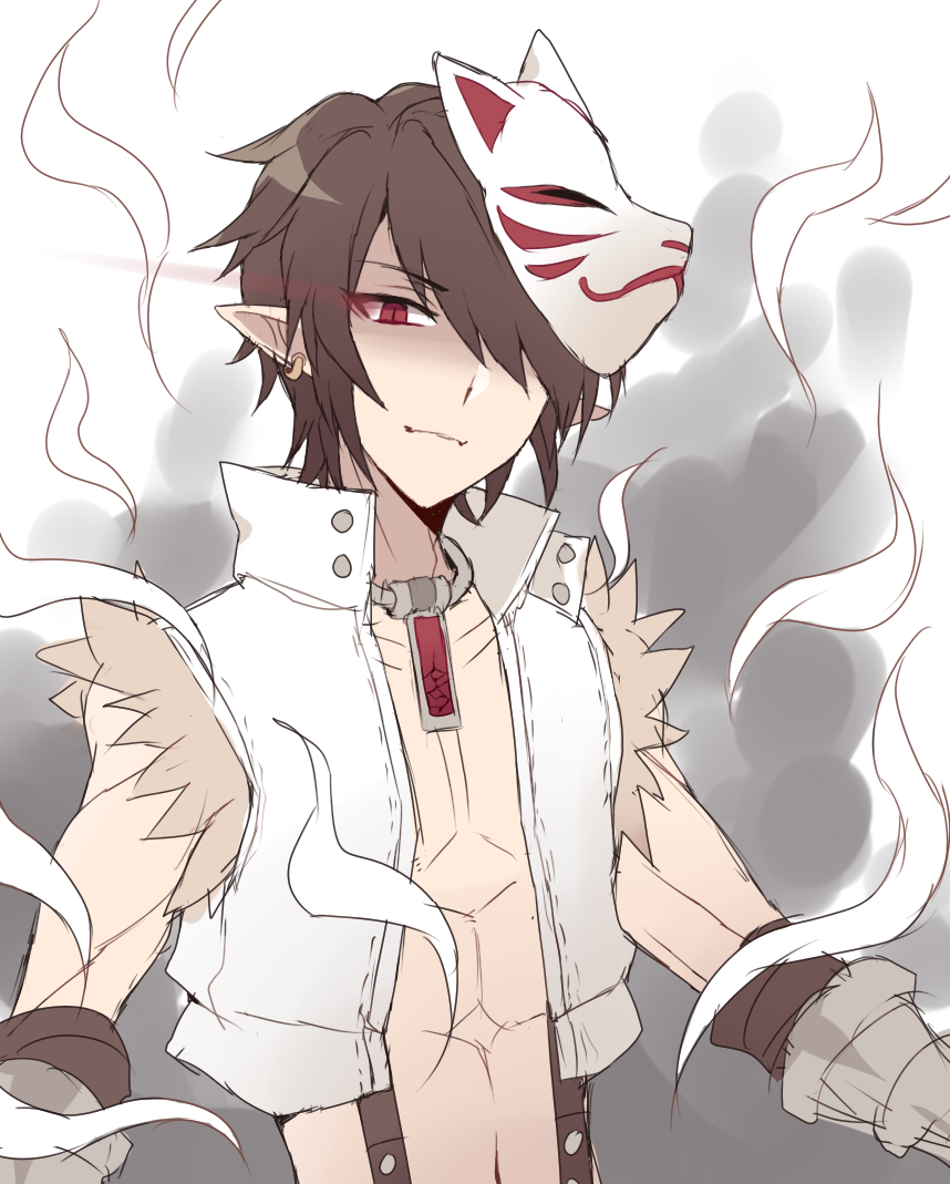 whitesmith (ragnarok online), ragnarok online, 1boy, astrarunia, brown hair, closed mouth, crop top, earrings, eye trail, fox mask, fur-trimmed shirt, fur trim, hair over one eye, jewelry, light trail, looking at viewer, male focus, mask, mask on head, necklace, open clothes, open shirt, pointy ears, red eyes, shirt, short hair, sleeveless, sleeveless shirt, smile, smoke, solo, suspenders, toned, toned male, upper body, white shirt