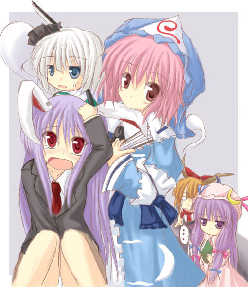 ibuki suika, konpaku youmu, konpaku youmu (ghost), patchouli knowledge, reisen udongein inaba, saigyouji yuyuko, touhou, 5girls, animal ears, female focus, hat, multiple girls, rabbit ears, triangular headpiece