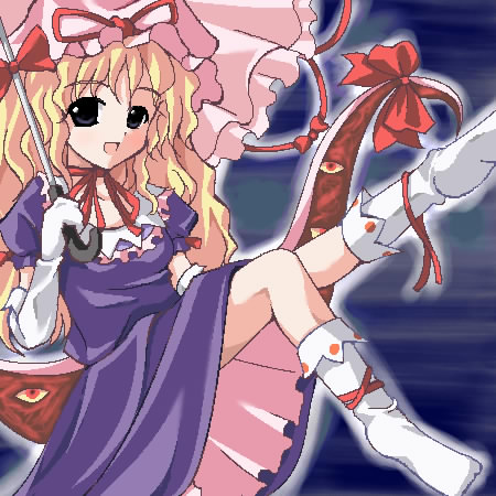 aoi masami, oumi marin, yakumo yukari, touhou, lowres, 1girl, blonde hair, female focus, gap (touhou), hat, mob cap, oekaki, socks, solo, white hat