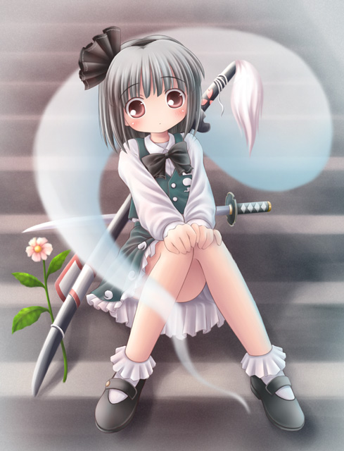 konpaku youmu, konpaku youmu (ghost), touhou, silver hair, 1girl, black hairband, blush, brown eyes, female focus, hairband, katana, scabbard, sheath, short hair, sitting, solo, sword, weapon