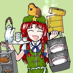 monolith, hong meiling, embodiment of scarlet devil, touhou, lowres, 1girl, ^ ^, animal, animal on head, baby animal, bird, bird on head, blush stickers, bow, bowl, braid, chick, chicken (food), china dress, chinese clothes, closed eyes, cup, dress, female focus, food, green background, hair bow, hair ribbon, hat, holding, holding tray, long hair, oekaki, on head, open mouth, red hair, ribbon, salad, short sleeves, smile, solo, star (symbol), steam, sweatdrop, tea set, teacup, teapot, tray, twin braids