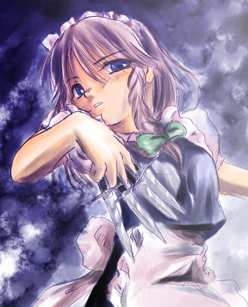 izayoi sakuya, touhou, silver hair, 1girl, apron, between fingers, bow, braid, female focus, hair bow, holding, knife, maid, maid apron, purple hair, short hair, solo, throwing knife, twin braids, weapon